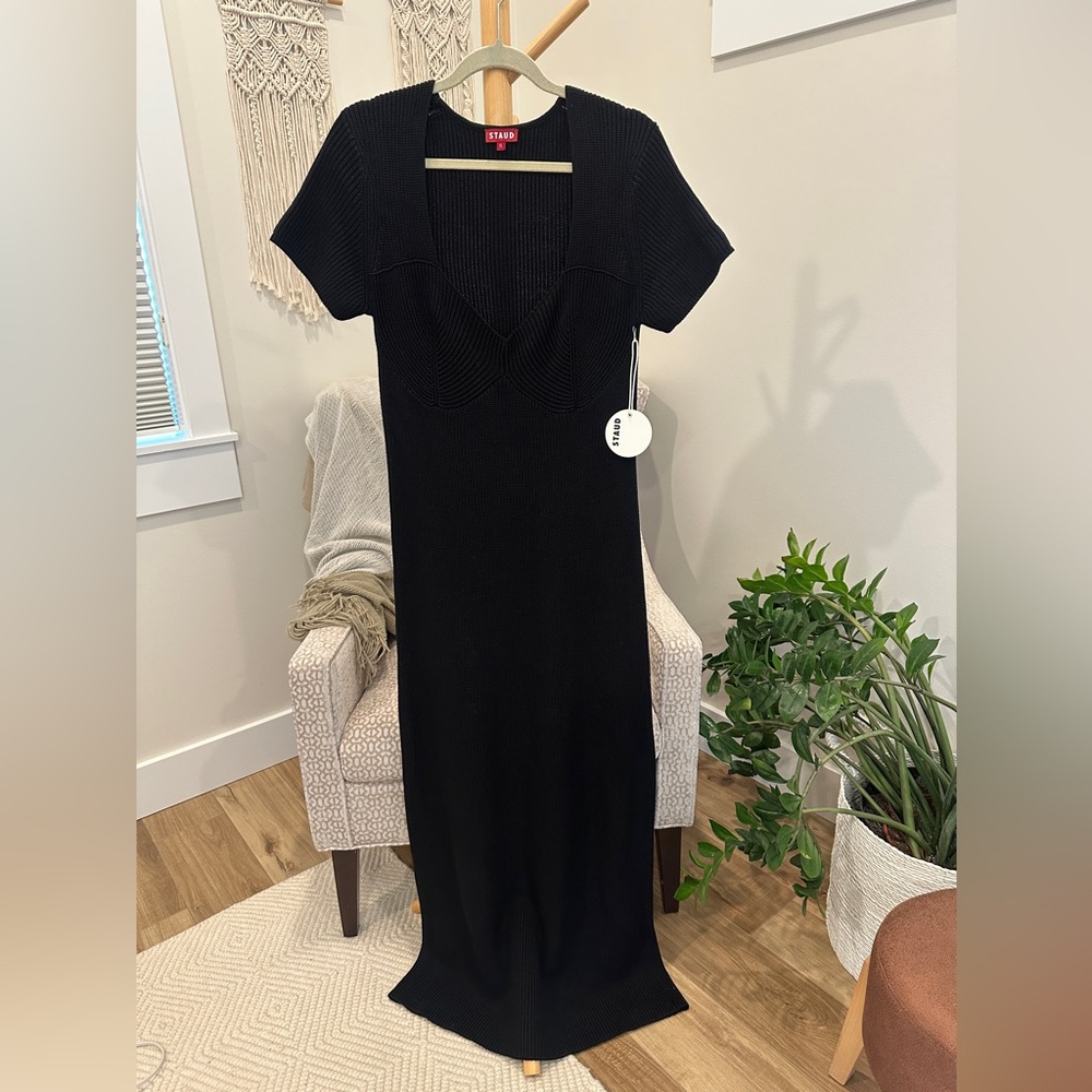 Staud Camden Dress XL Black Rib Knit Bustier Midi Dress Stretch NWT - Picture 3 of 8